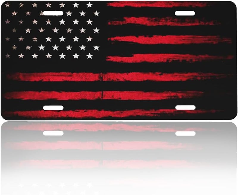 GACCAP Front License Plate Cover Car Decor Accessory Aluminum Metal Rust-Proof US Car Plate Novelty Vanity Tag Cover with 4 Holes for Men Women 6 * 12 in - Black Red American Flag - Image 1